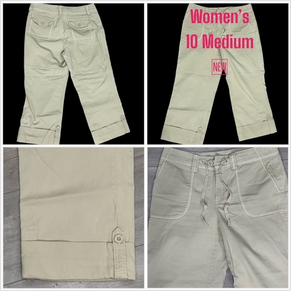 Women's Eddie Bauer 10 Medium Capri Pants Chino Khakis Twill Stretch Khaki NWOT - Picture 1 of 12